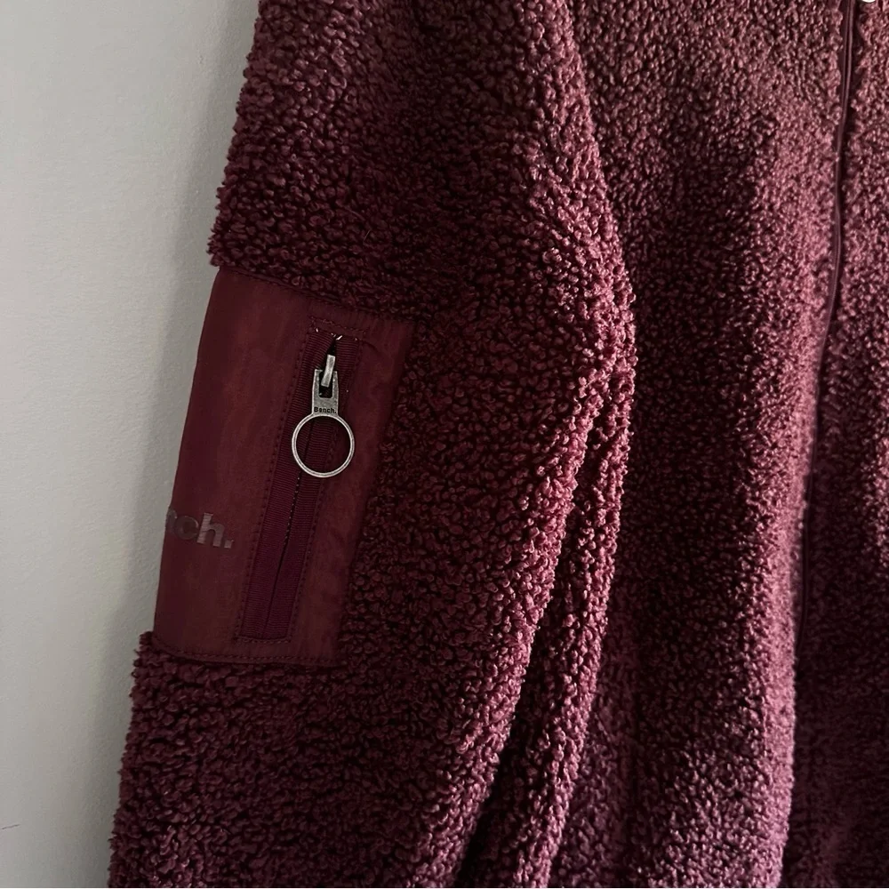 Bench Teddy Bear Bomber Jacket Maroon Zipper Pockets Size S - Picture 2 of 10